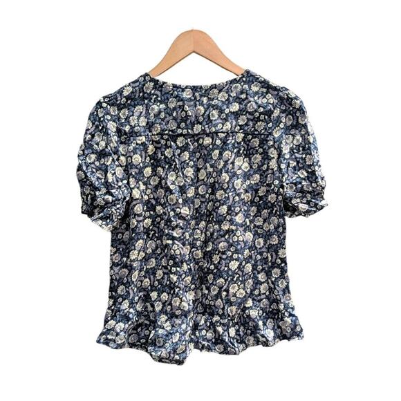 Lucky Brand Top Womens Small Navy Blue Floral Blouse Ruffle Trim Boho - Picture 3 of 3